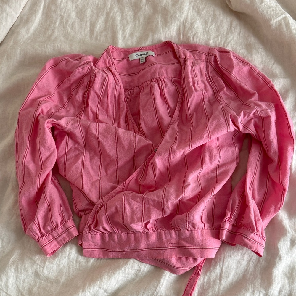 Madewell pink striped crossover blouse